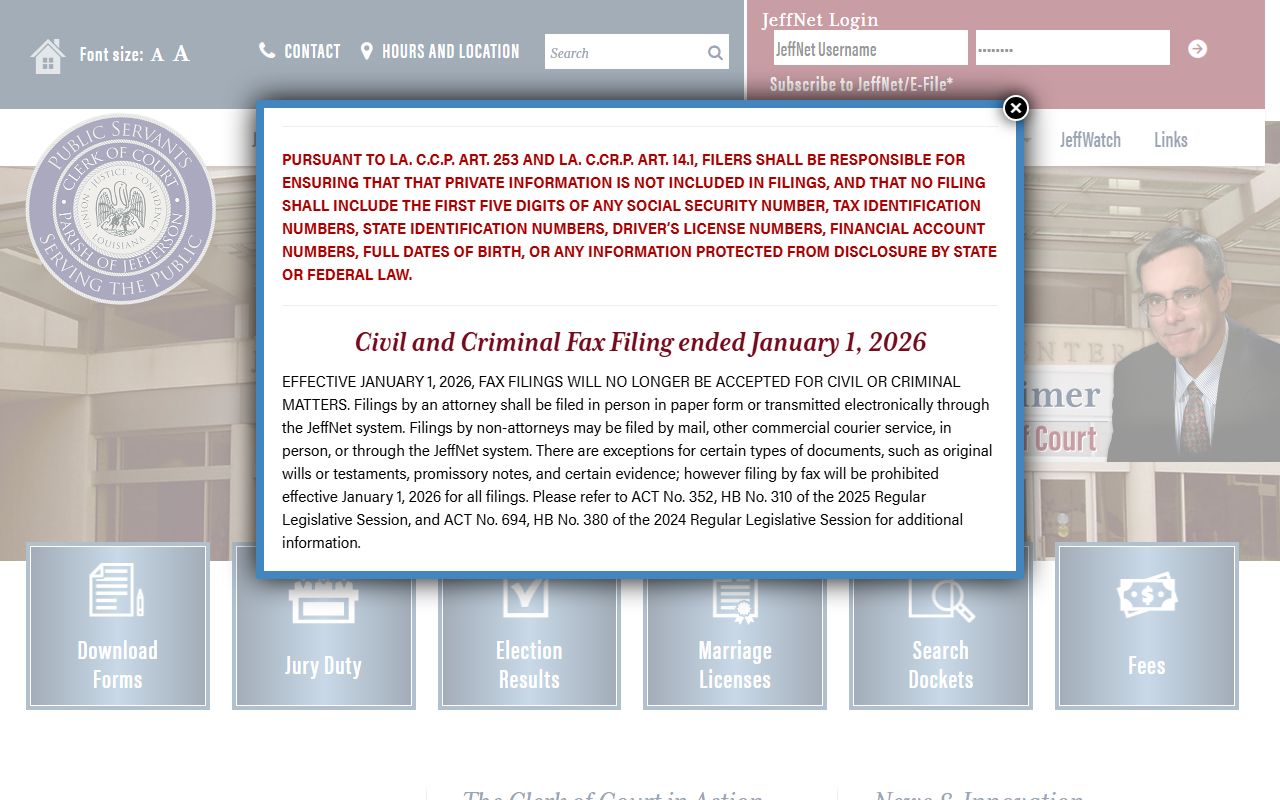 Jefferson Parish Clerk of Court website serving Metairie property records