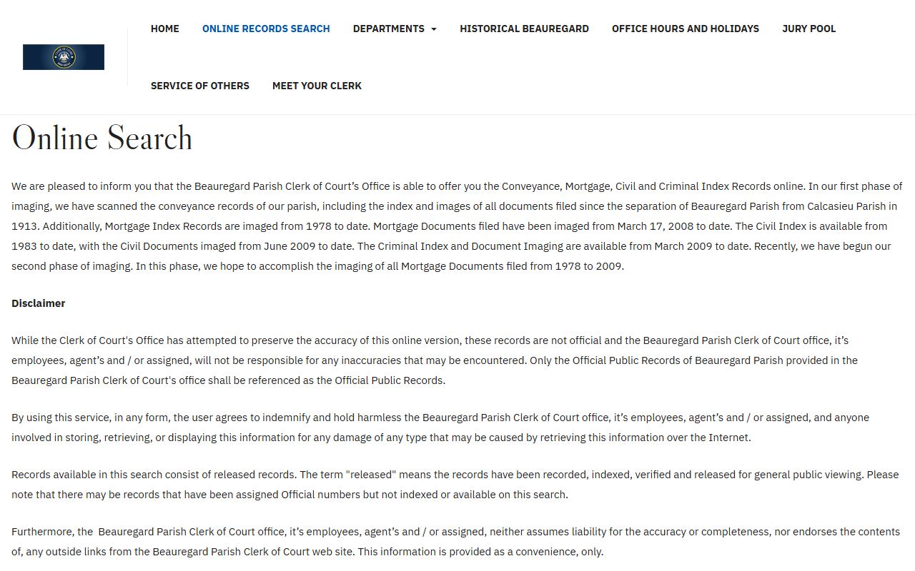 Beauregard Parish Clerk online records search portal for conveyances and mortgages