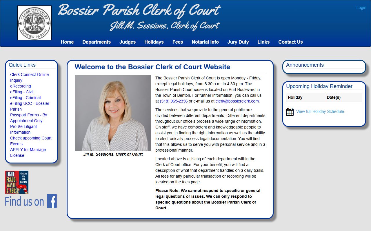 Bossier Parish Clerk of Court homepage for property records