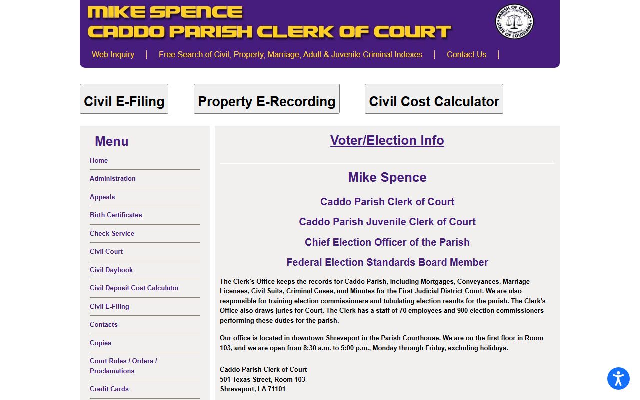 Caddo Parish Clerk of Court homepage for property records