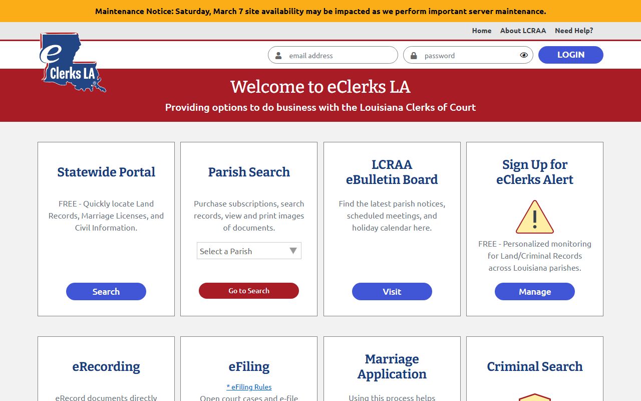 eClerks LA portal for searching DeSoto Parish property records