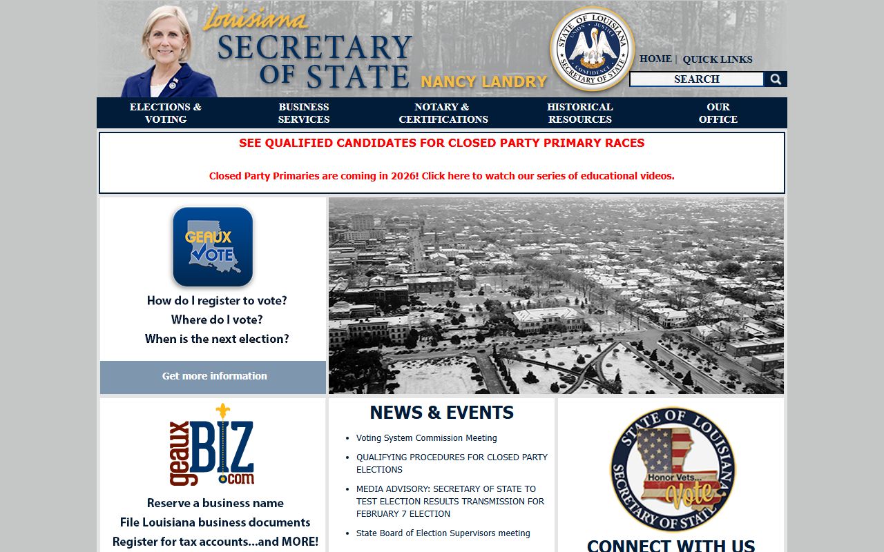 Louisiana Secretary of State homepage showing access to property and business records