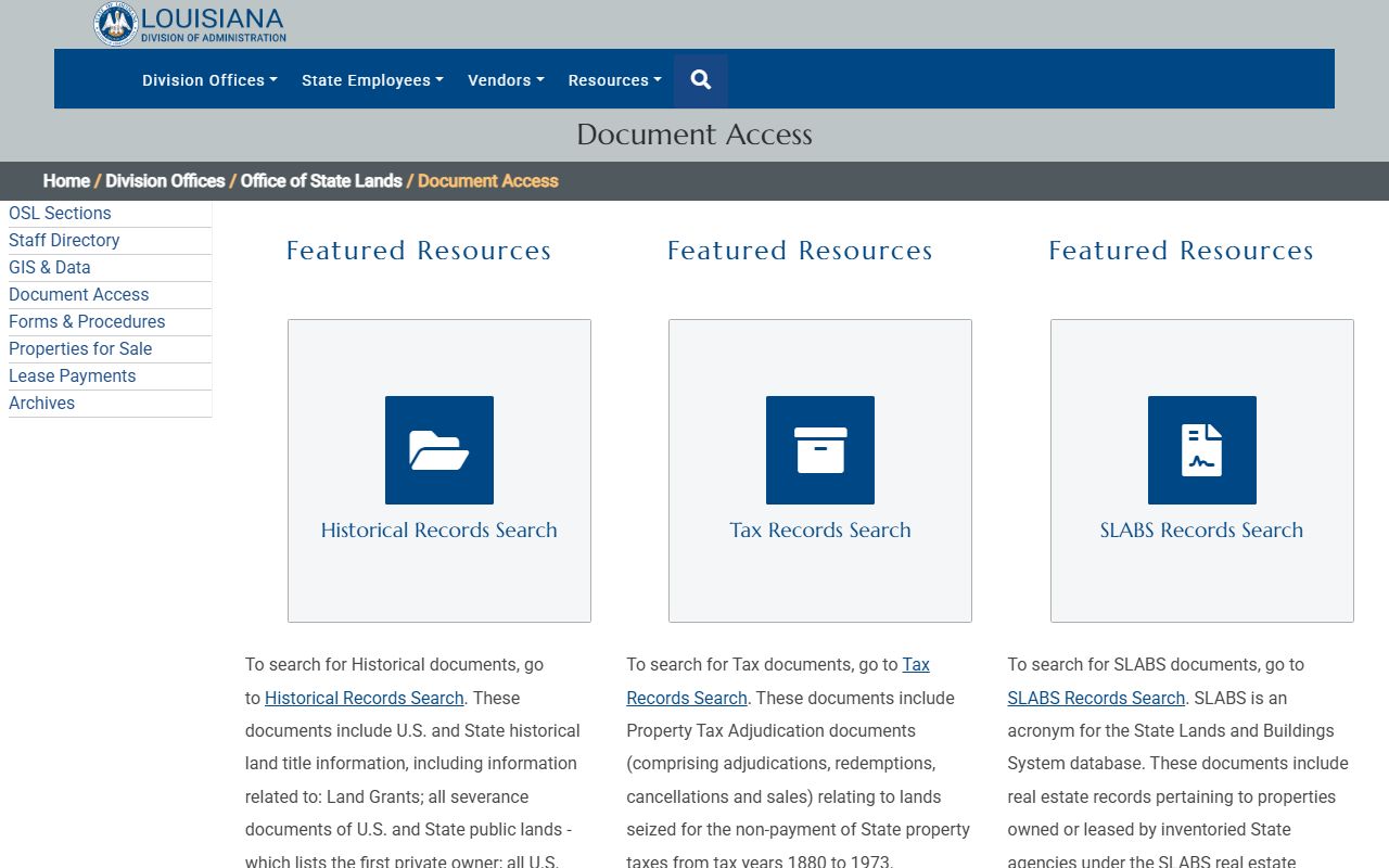 Louisiana State Lands document access portal for free online historical land record search