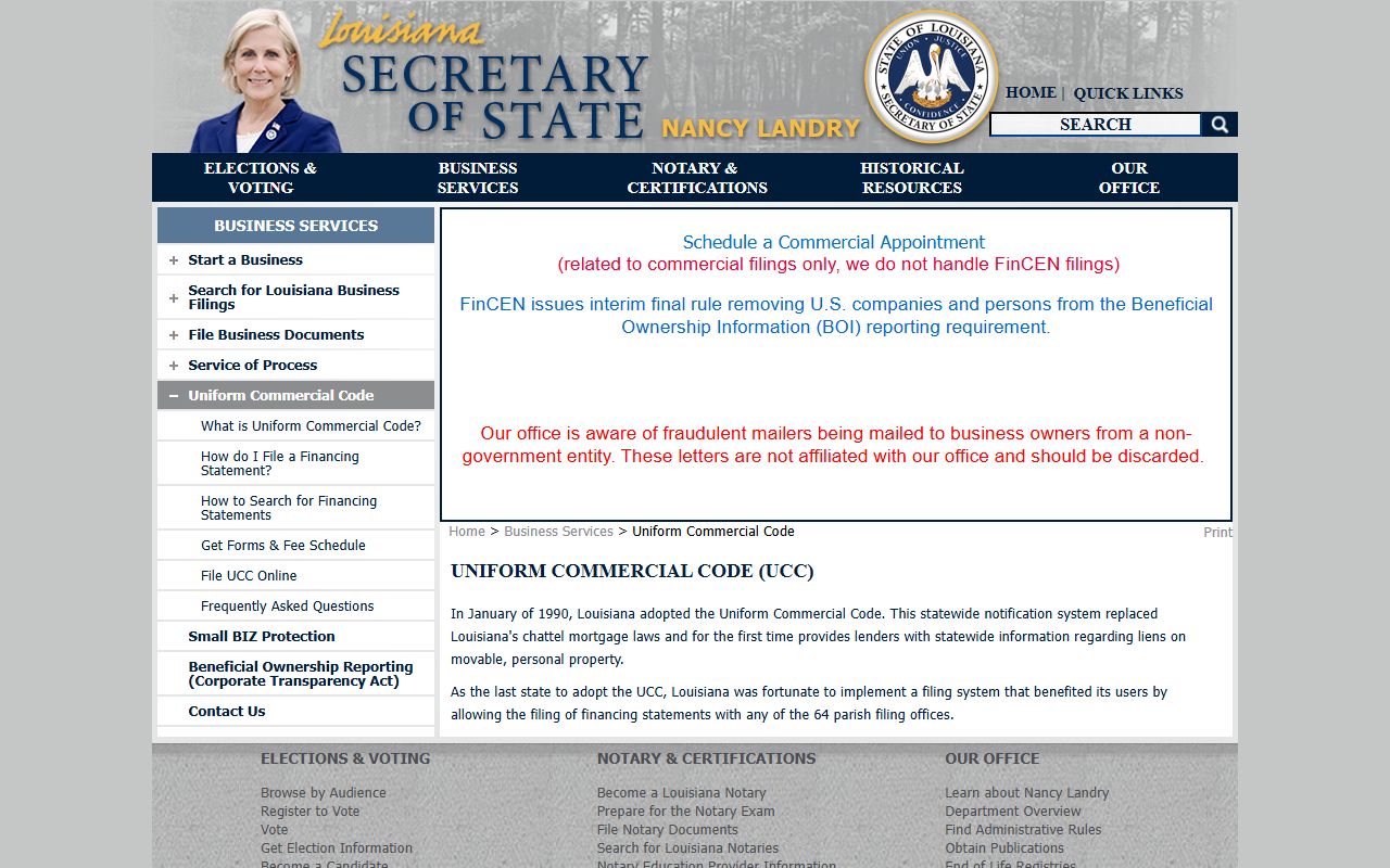 Louisiana Secretary of State UCC information page for financing statement filings and searches